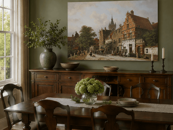 Hand-painted town street with figures and buildings landscape artwork in an interior display.