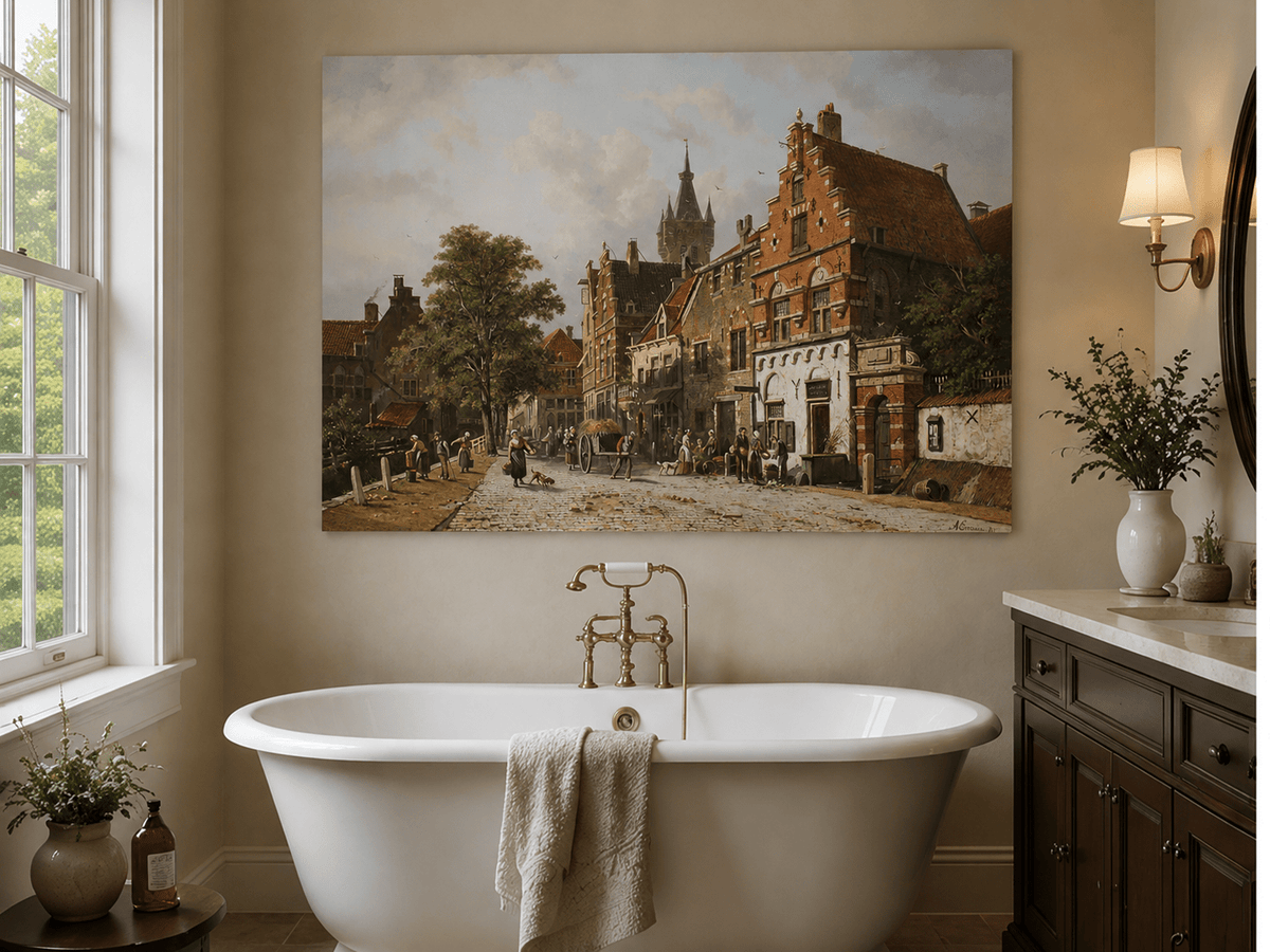 Town street with figures and buildings landscape oil painting presented as styled home decor.