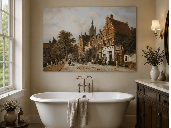 Town street with figures and buildings landscape oil painting presented as styled home decor.