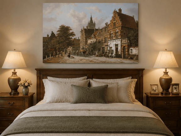 Town street with figures and buildings oil painting displayed as landscape wall decor.