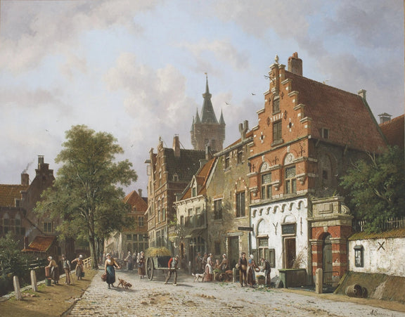 Landscape Oil Painting - Town Street with Figures & Buildings - Oil Painting Haven