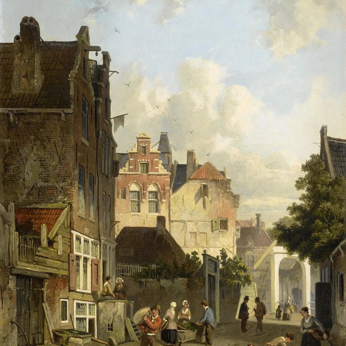 Landscape Oil Painting - Town Street with Figures & Old Buildings - Oil Painting Haven