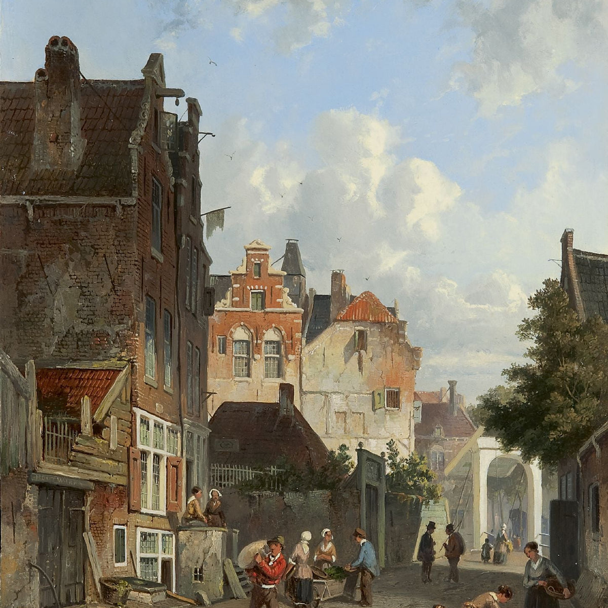 Landscape Oil Painting - Town Street with Figures & Old Buildings - Oil Painting Haven