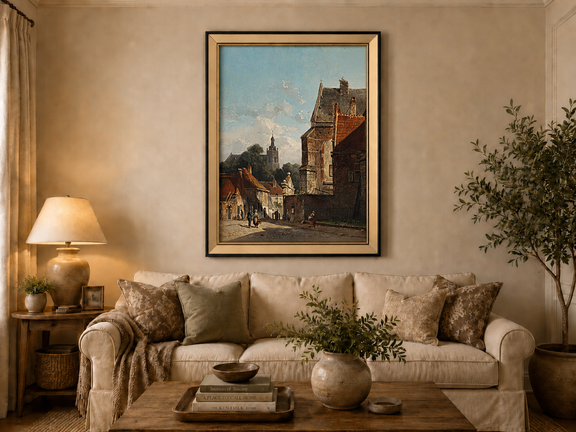 Town street with old buildings and tower landscape oil painting displayed in a styled home interior wall art setting.