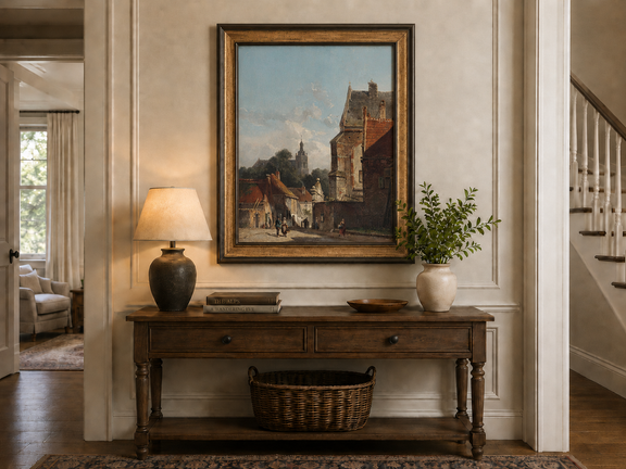 Town street with old buildings and tower hand-painted landscape oil artwork shown as wall decor in a home interior.