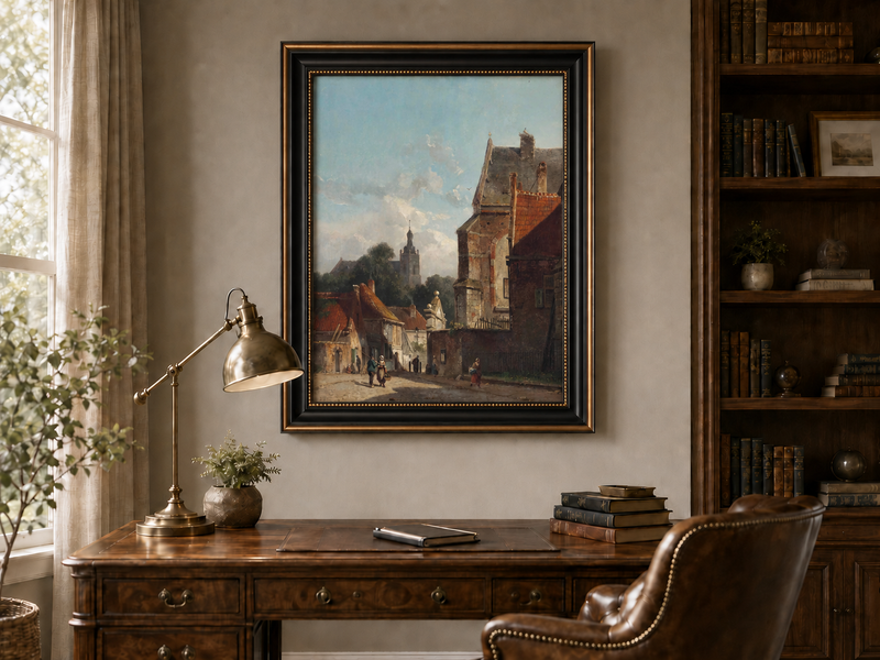 Town street with old buildings and tower landscape oil painting presented in a styled interior wall art mockup.
