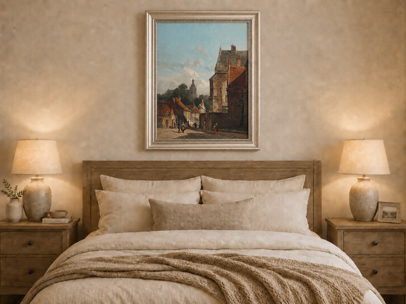 Hand-painted town street with old buildings and tower landscape oil painting displayed as decorative wall art.