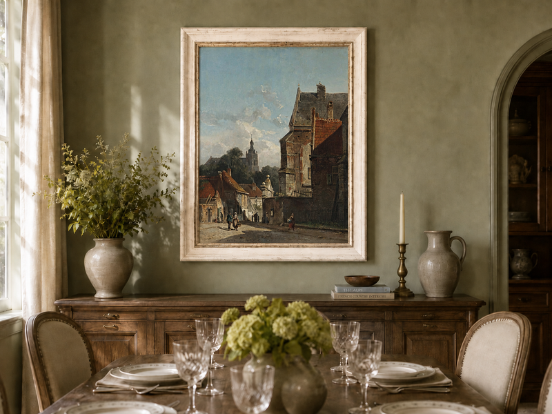 Town street with old buildings and tower oil landscape artwork shown on a wall in a styled home interior.