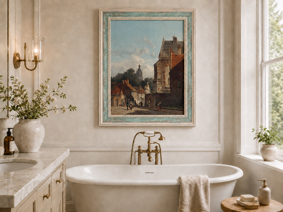Town street with old buildings and tower landscape oil painting presented as home wall decor in an interior setting.