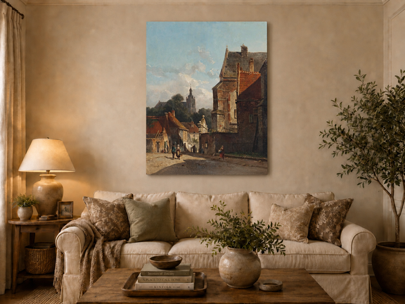 Town street with old buildings and tower hand-painted oil artwork displayed in a second styled interior wall art view.