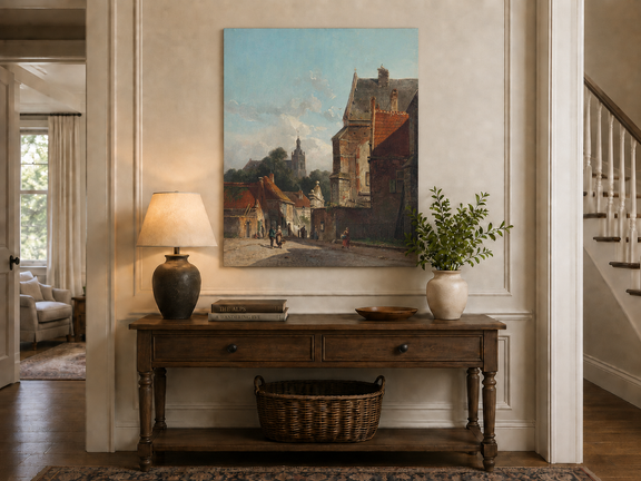 Town street with old buildings and tower landscape painting shown as decorative oil art in a home interior.