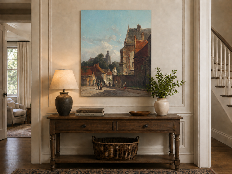 Town street with old buildings and tower landscape painting shown as decorative oil art in a home interior.