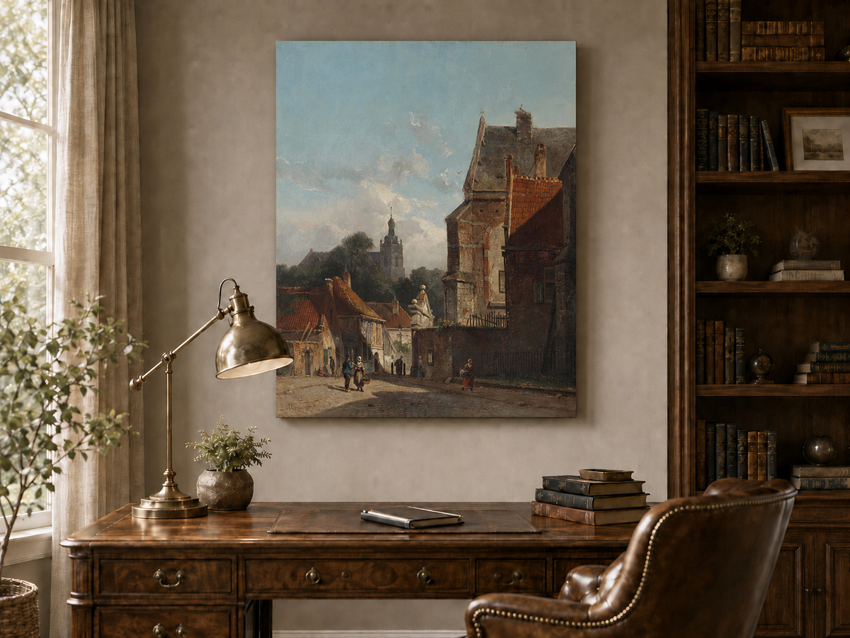 Interior wall art view featuring a hand-painted town street with old buildings and tower landscape oil painting.