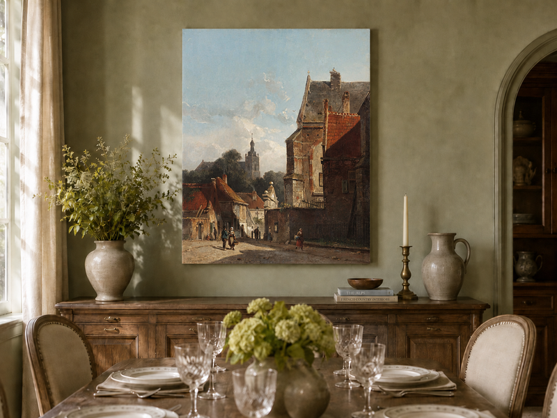 Hand-painted town street with old buildings and tower landscape artwork shown in an interior wall display.