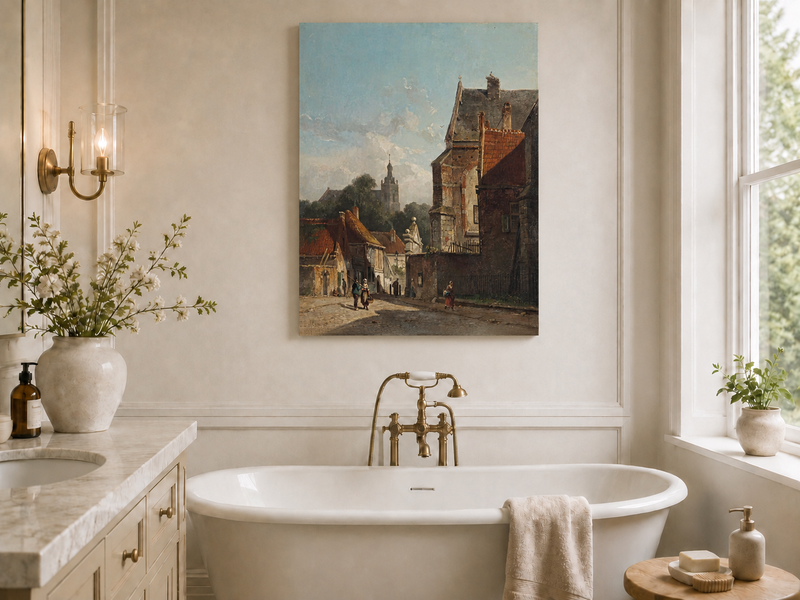 Town street with old buildings and tower landscape oil painting presented as home decor in a styled interior.