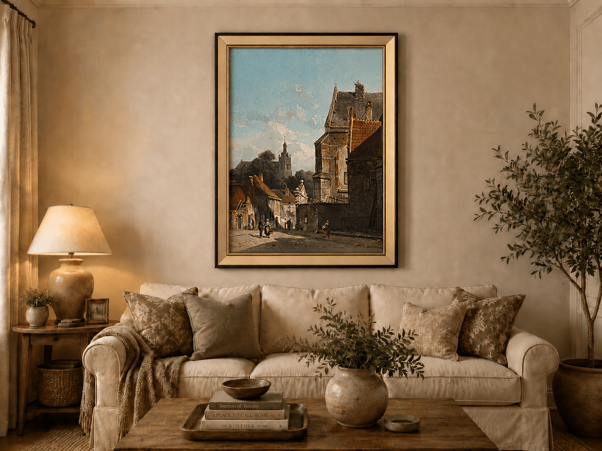 Town street with old buildings and tower landscape oil painting displayed in a styled home interior wall art setting.
