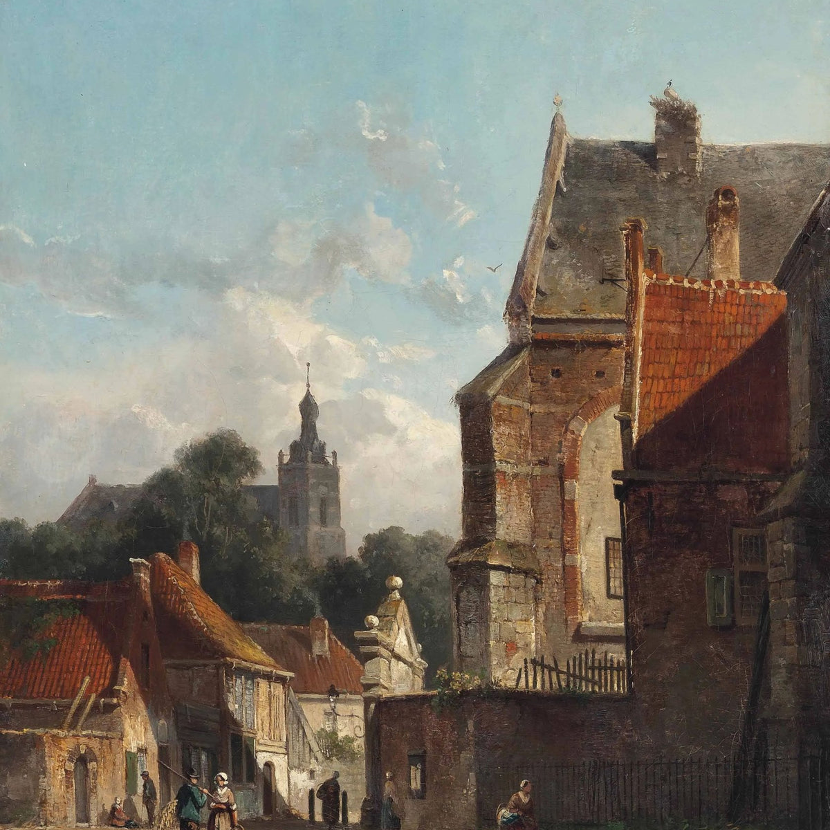 Landscape Oil Painting - Town Street with Old Buildings & Tower - Oil Painting Haven