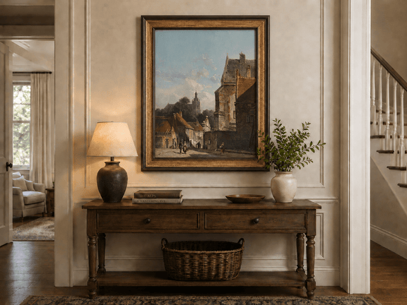 Town street with old buildings and tower hand-painted landscape oil artwork shown as wall decor in a home interior.