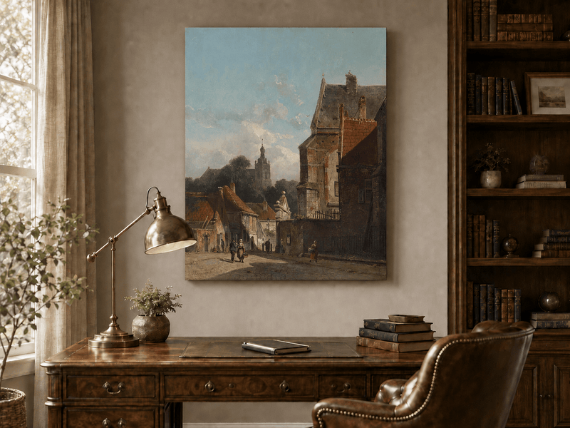 Interior wall art view featuring a hand-painted town street with old buildings and tower landscape oil painting.