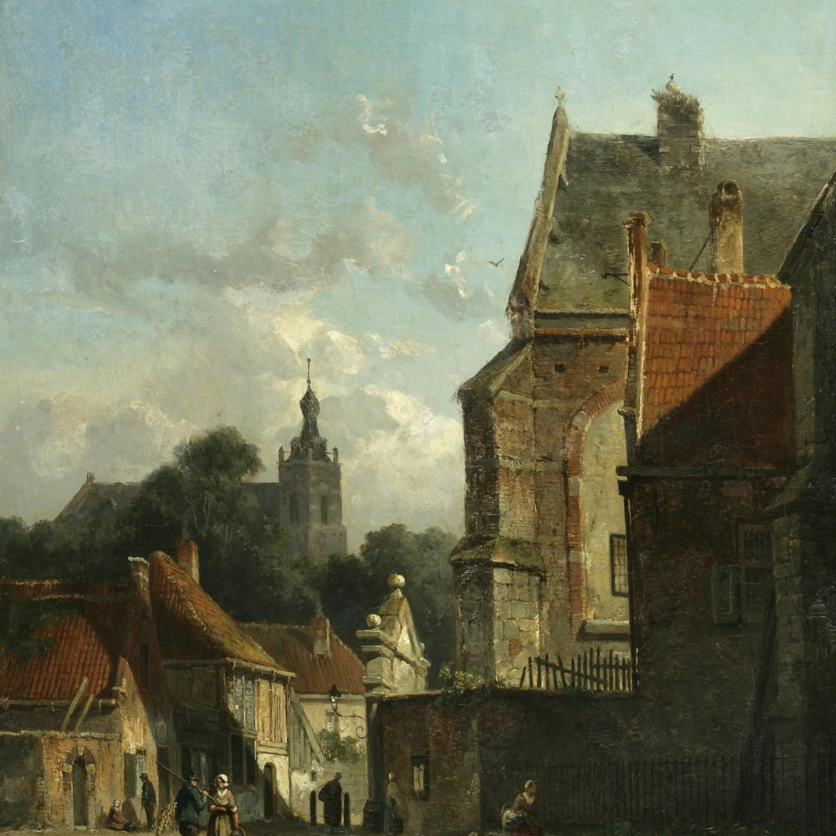 Landscape Oil Painting - Town Street with Old Buildings & Tower - Oil Painting Haven