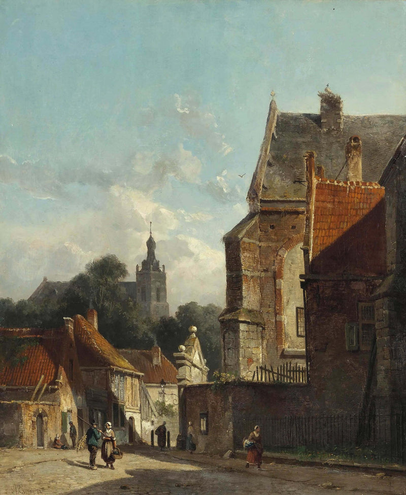 Landscape Oil Painting - Town Street with Old Buildings & Tower