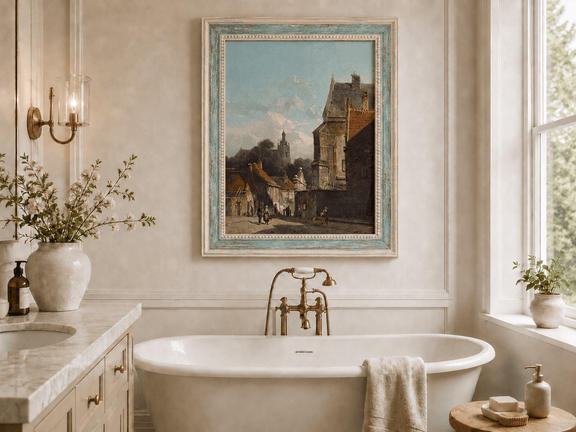 Town street with old buildings and tower landscape oil painting presented as home wall decor in an interior setting.