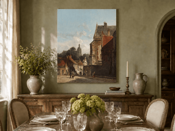 Hand-painted town street with old buildings and tower landscape artwork shown in an interior wall display.