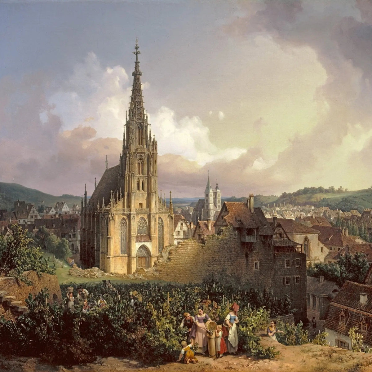 Landscape Oil Painting - Town with Gothic Church & Villagers - Oil Painting Haven