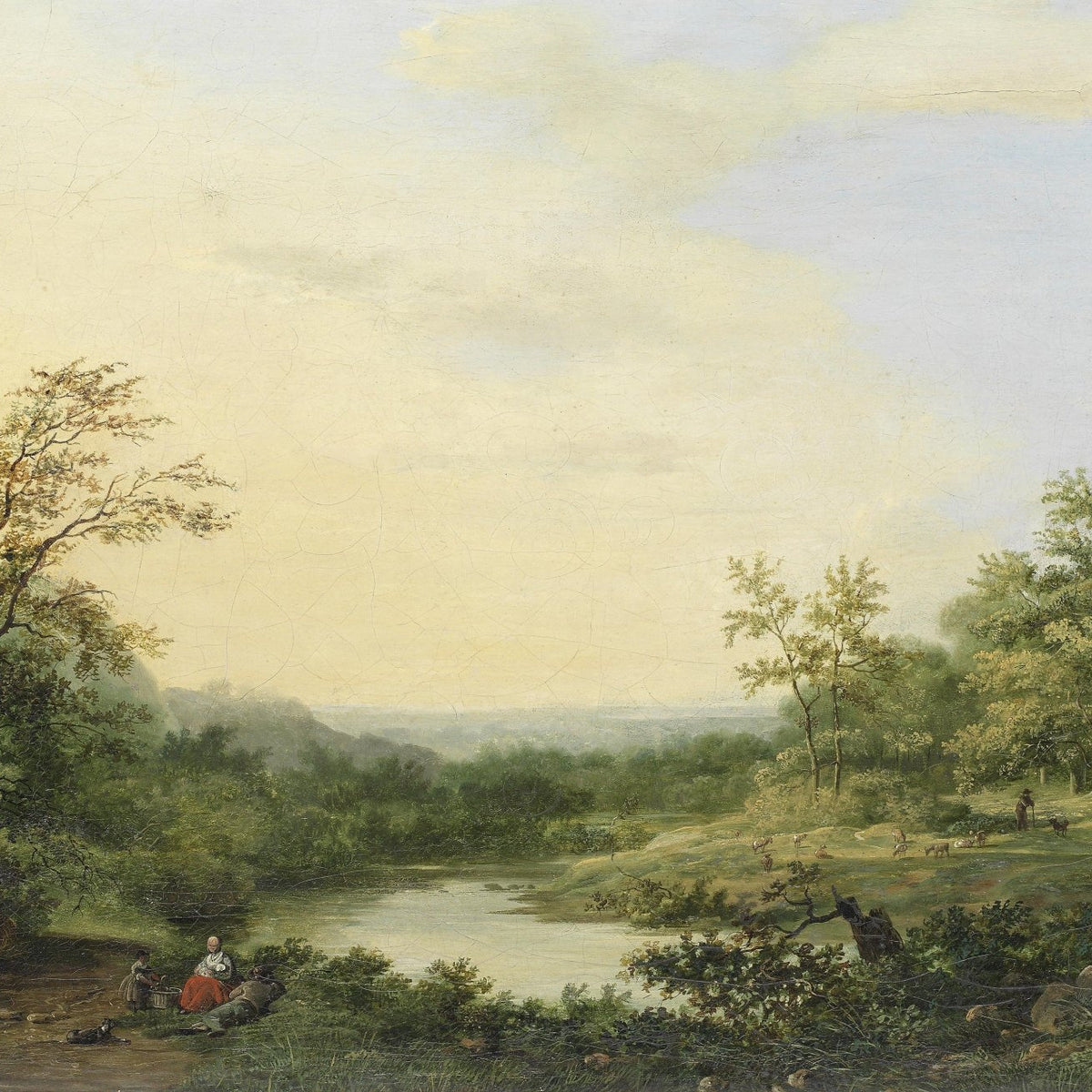 Hand-painted tranquil lake and woodland meadow landscape oil painting on canvas
