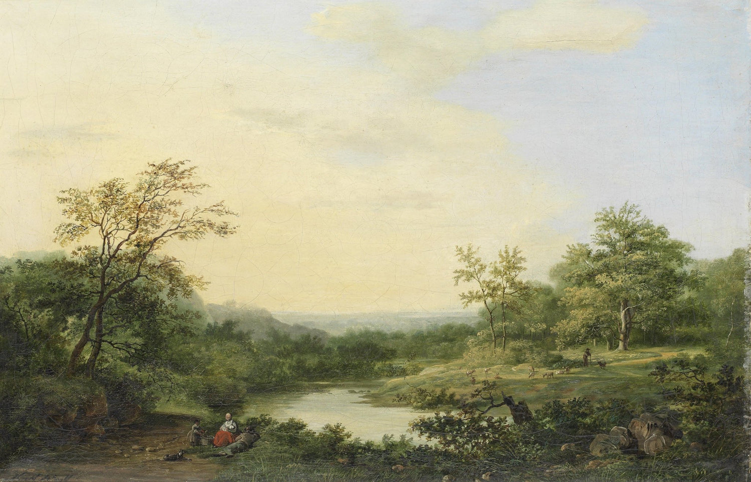 Hand-painted tranquil lake and woodland meadow landscape oil painting on canvas