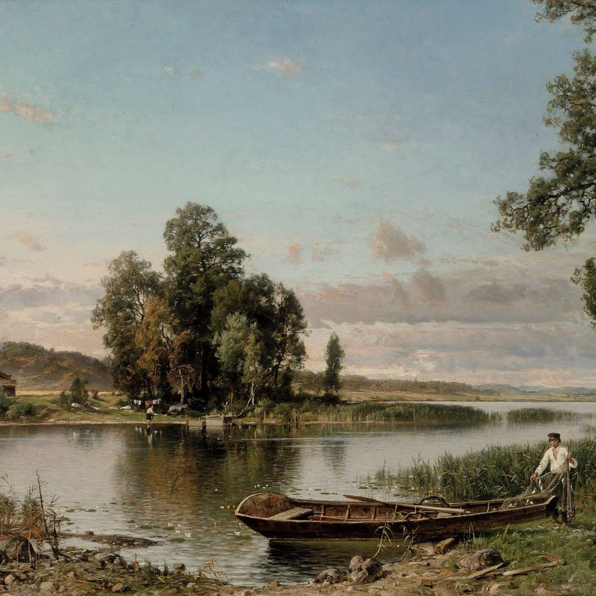 Hand-painted tranquil lakeshore with rowboat scene landscape oil painting on canvas