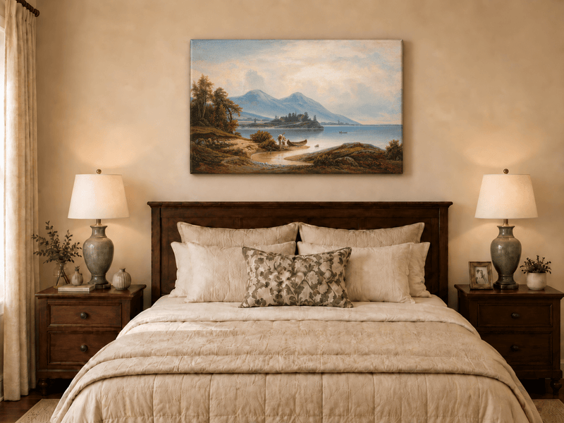 Landscape Oil Painting - Tranquil Lakeside Mountains, Figures