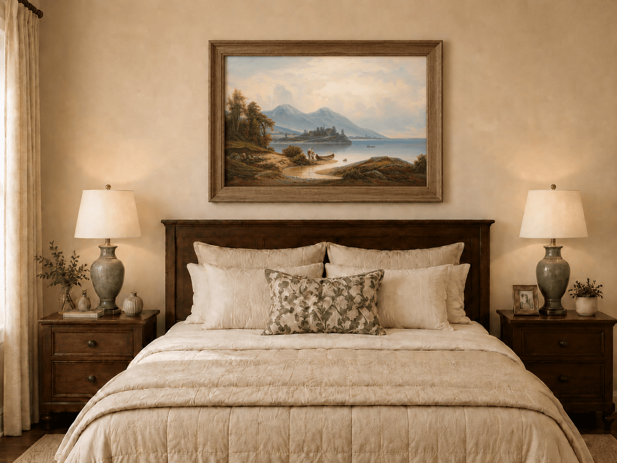 Landscape Oil Painting - Tranquil Lakeside Mountains, Figures