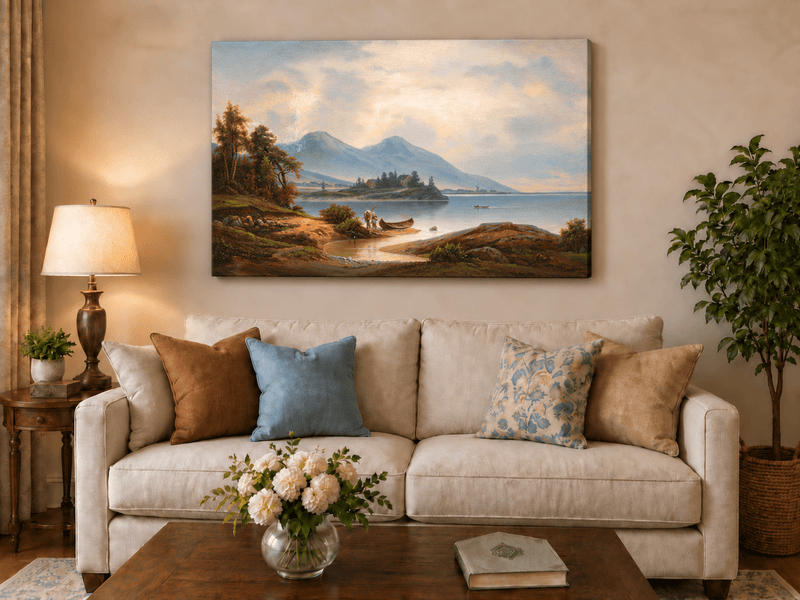 Landscape Oil Painting - Tranquil Lakeside Mountains, Figures