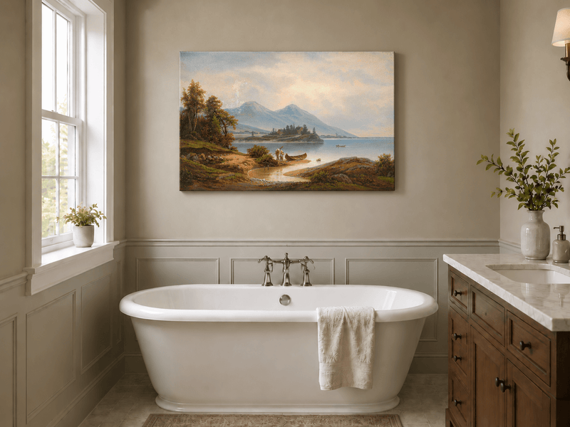 Landscape Oil Painting - Tranquil Lakeside Mountains, Figures