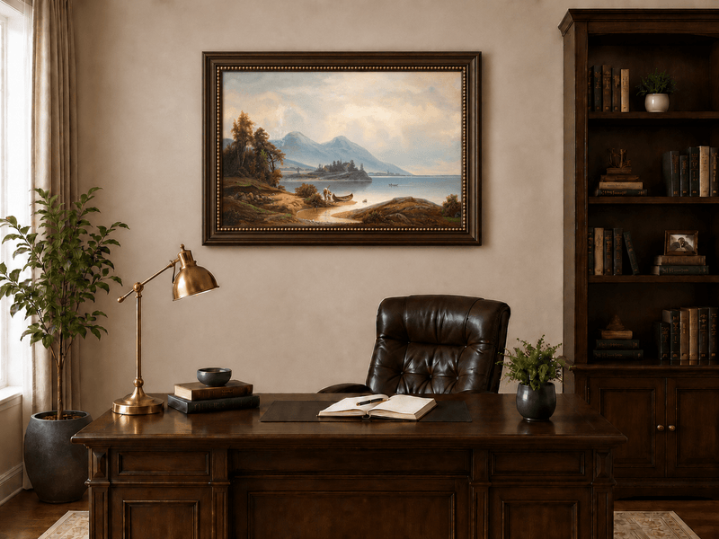 Landscape Oil Painting - Tranquil Lakeside Mountains, Figures