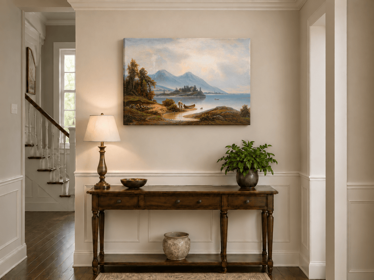 Landscape Oil Painting - Tranquil Lakeside Mountains, Figures