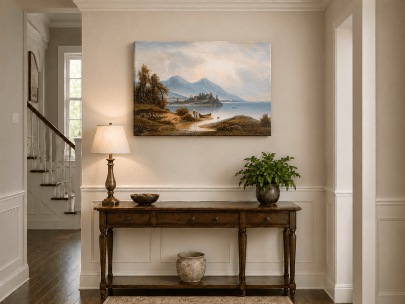 Landscape Oil Painting - Tranquil Lakeside Mountains, Figures
