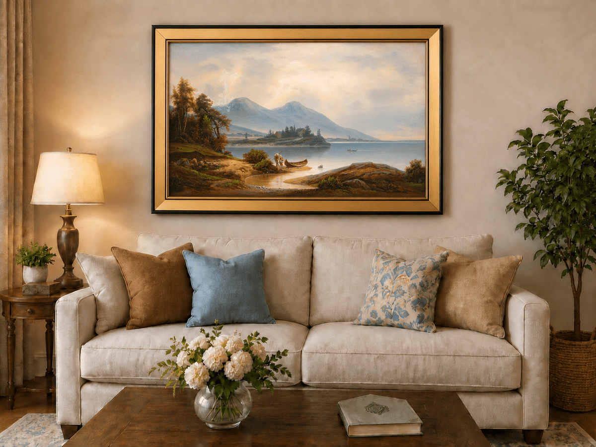 Landscape Oil Painting - Tranquil Lakeside Mountains, Figures