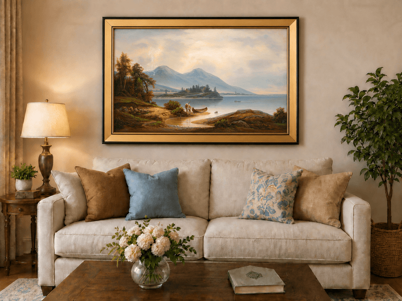 Landscape Oil Painting - Tranquil Lakeside Mountains, Figures