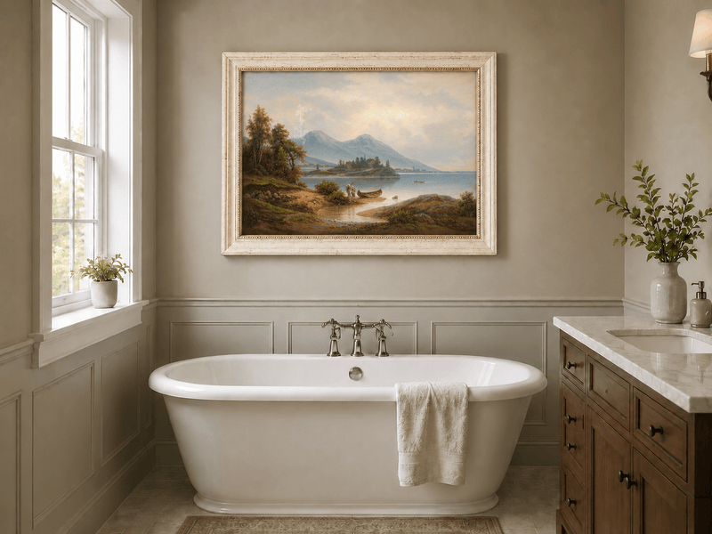 Landscape Oil Painting - Tranquil Lakeside Mountains, Figures