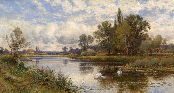 Hand-painted tranquil river with swans at dusk landscape oil painting on canvas