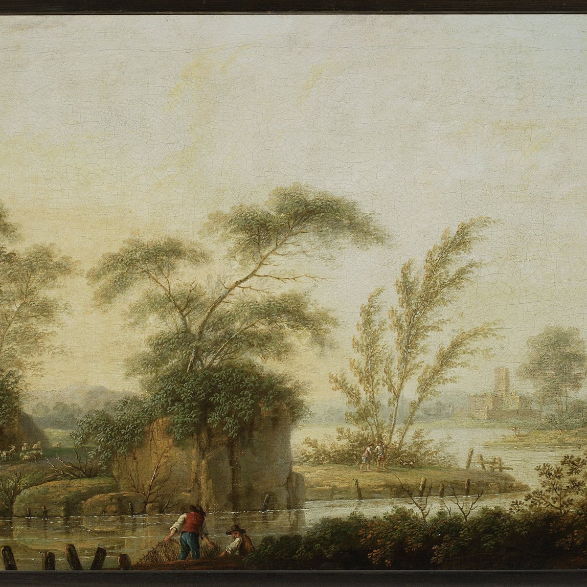 Hand-painted tranquil riverbank with trees and ruins landscape oil painting on canvas