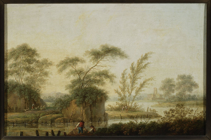 Hand-painted tranquil riverbank with trees and ruins landscape oil painting on canvas
