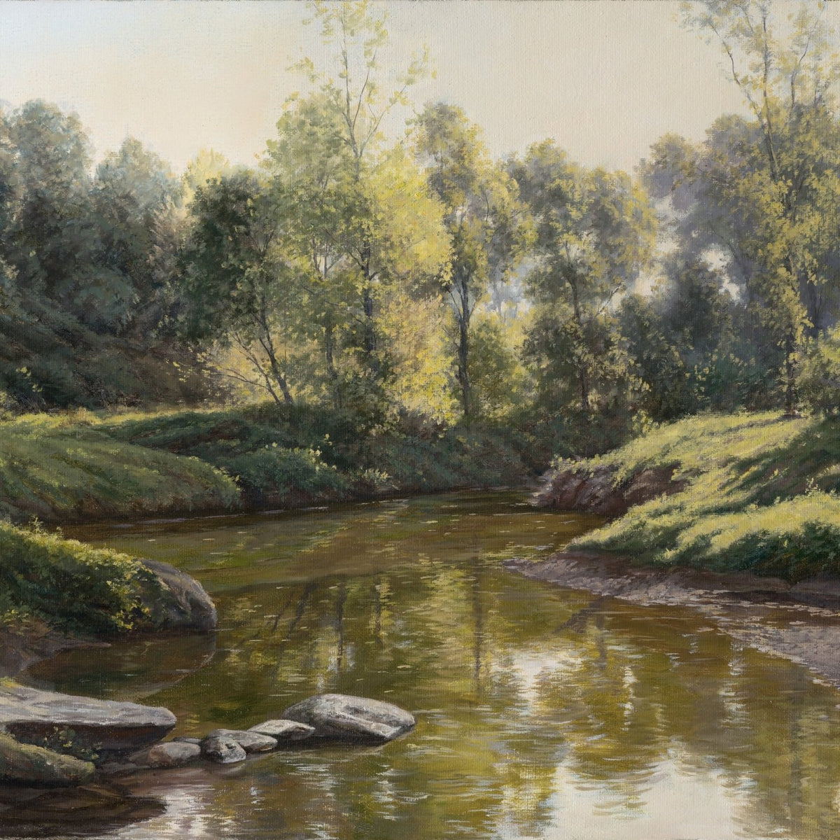 Landscape Oil Painting - Tranquil Stream, Reflections & Shore Stones - Oil Painting Haven