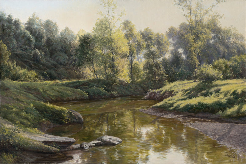 Landscape Oil Painting - Tranquil Stream, Reflections & Shore Stones - Oil Painting Haven