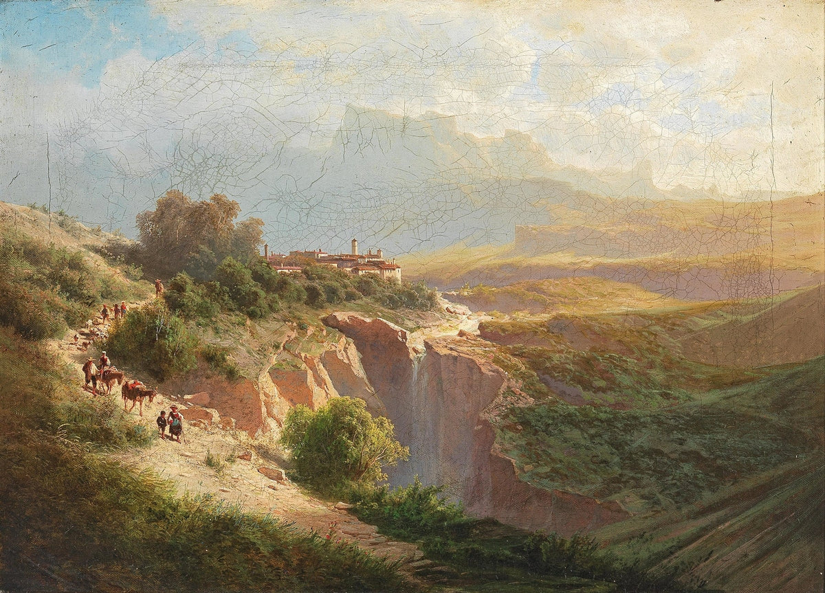 Landscape Oil Painting - Travelers by Waterfall in Mountain Valley