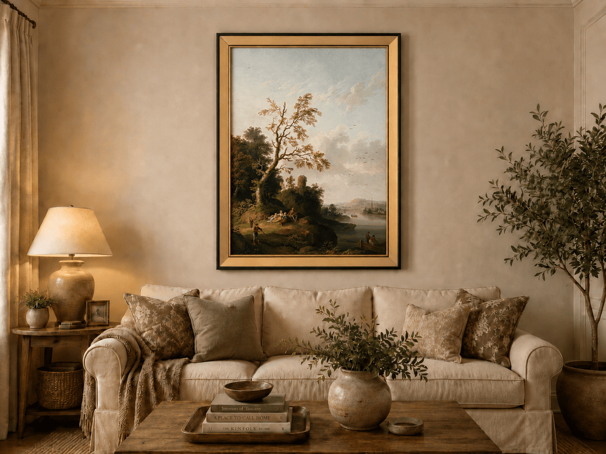 Peinture à l'huile de paysage - Arbre, Personnages, Tour en ruine et Village