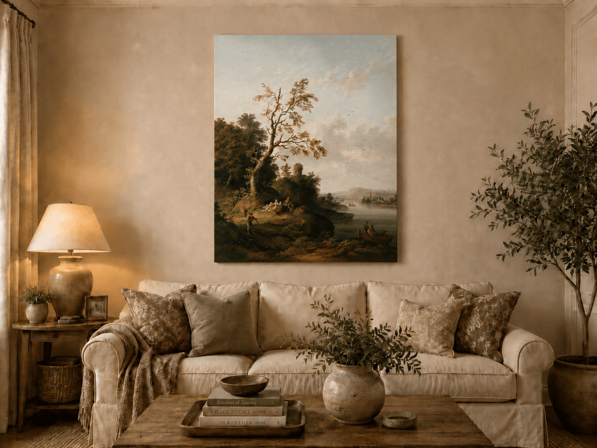 Peinture à l'huile de paysage - Arbre, Personnages, Tour en ruine et Village