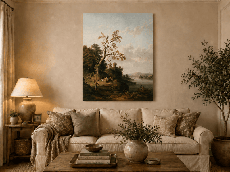 Peinture à l'huile de paysage - Arbre, Personnages, Tour en ruine et Village
